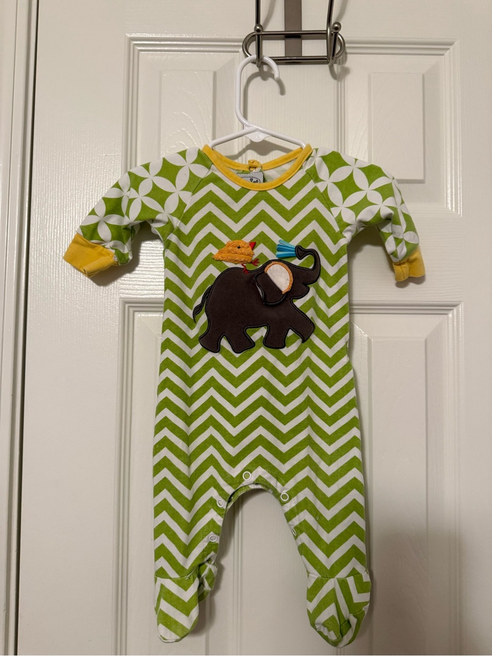 mudpie-  Lime Green with white Stripes & Yellow Trim and Elephant applique 0-6mo